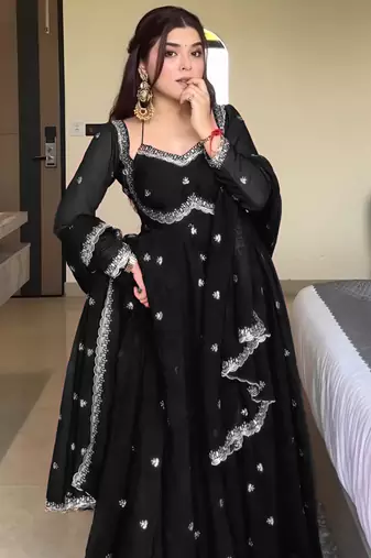 Black georgette sequin embroidery kurta pant set with embroidered georgette dupatta