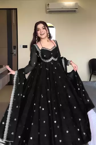 Black georgette sequin embroidery kurta pant set with embroidered georgette dupatta