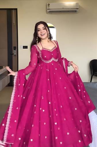 Pink georgette sequin embroidery kurta pant set with embroidered georgette dupatta