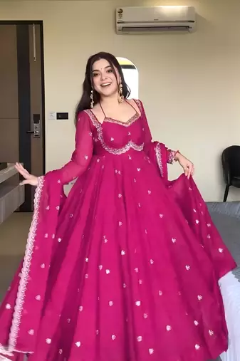 Pink georgette sequin embroidery kurta pant set with embroidered georgette dupatta