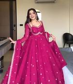 Pink georgette sequin embroidery kurta pant set with embroidered georgette dupatta