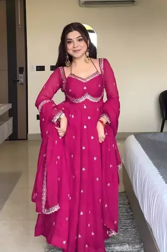 Pink georgette sequin embroidery kurta pant set with embroidered georgette dupatta
