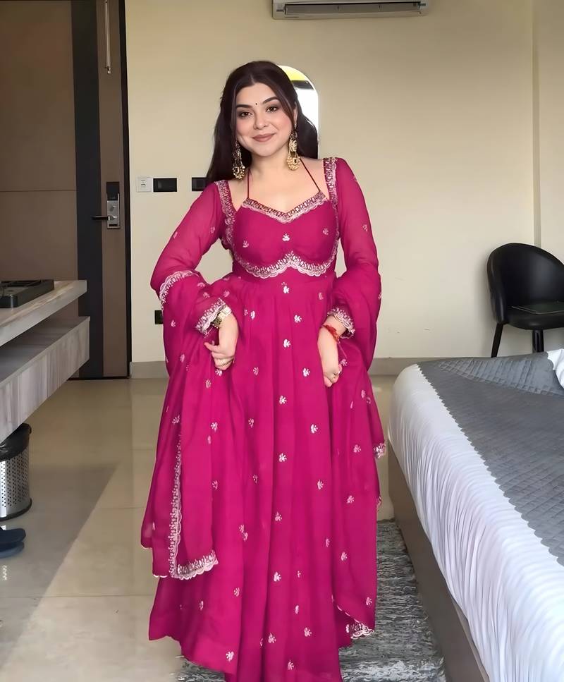 Pink georgette sequin embroidery kurta pant set with embroidered georgette dupatta