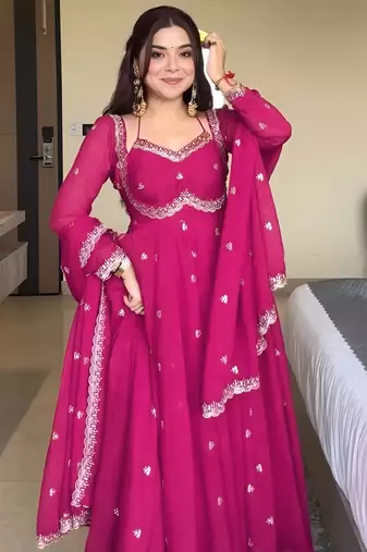 Pink georgette sequin embroidery kurta pant set with embroidered georgette dupatta