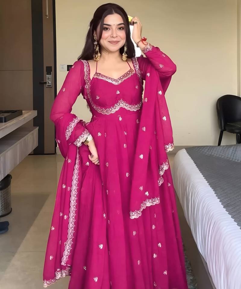 Pink georgette sequin embroidery kurta pant set with embroidered georgette dupatta