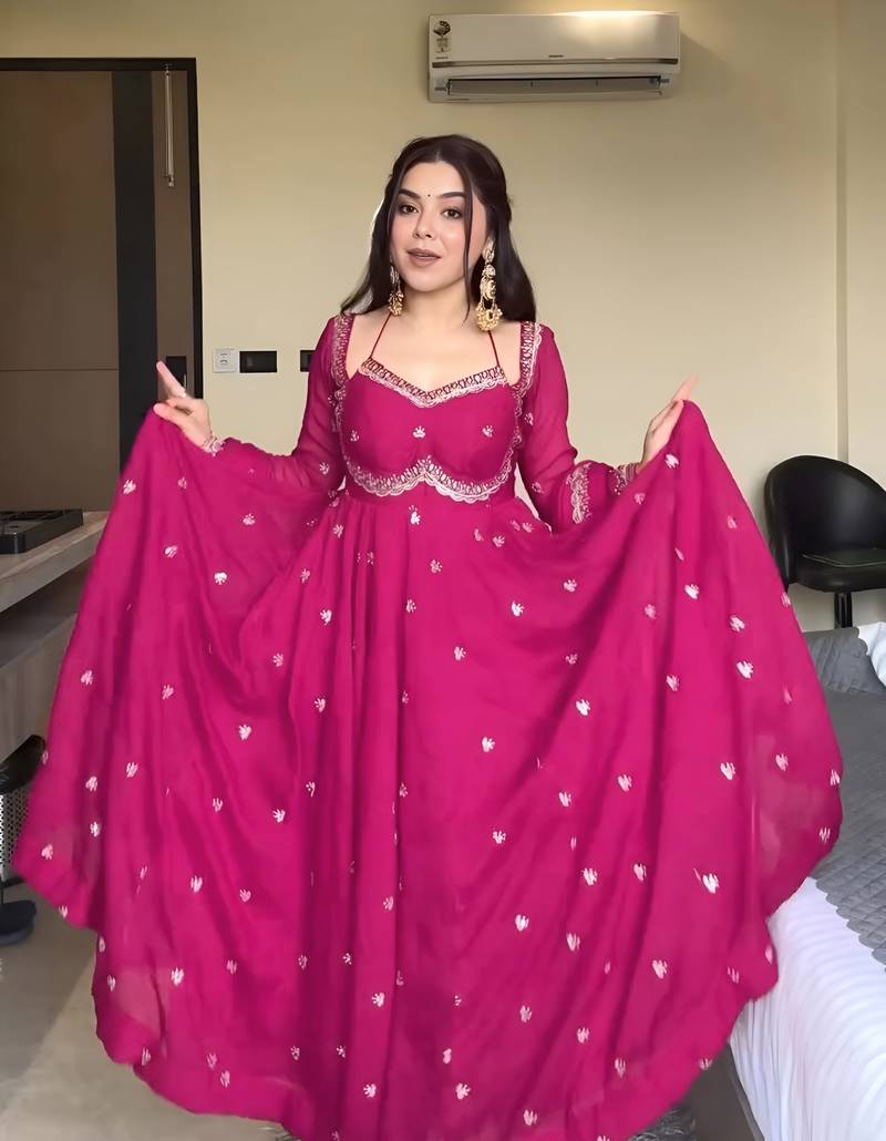 Pink georgette sequin embroidery kurta pant set with embroidered georgette dupatta