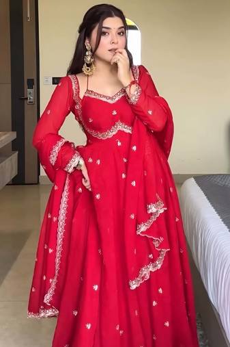 Red georgette sequin embroidery kurta pant set with embroidered georgette dupatta