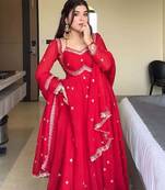 Red georgette sequin embroidery kurta pant set with embroidered georgette dupatta