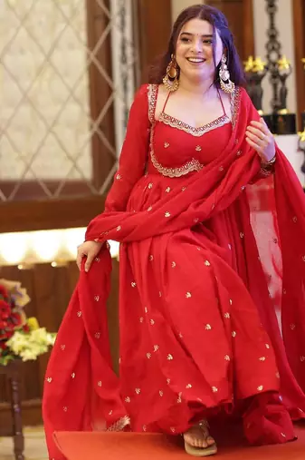 Red georgette sequin embroidery kurta pant set with embroidered georgette dupatta