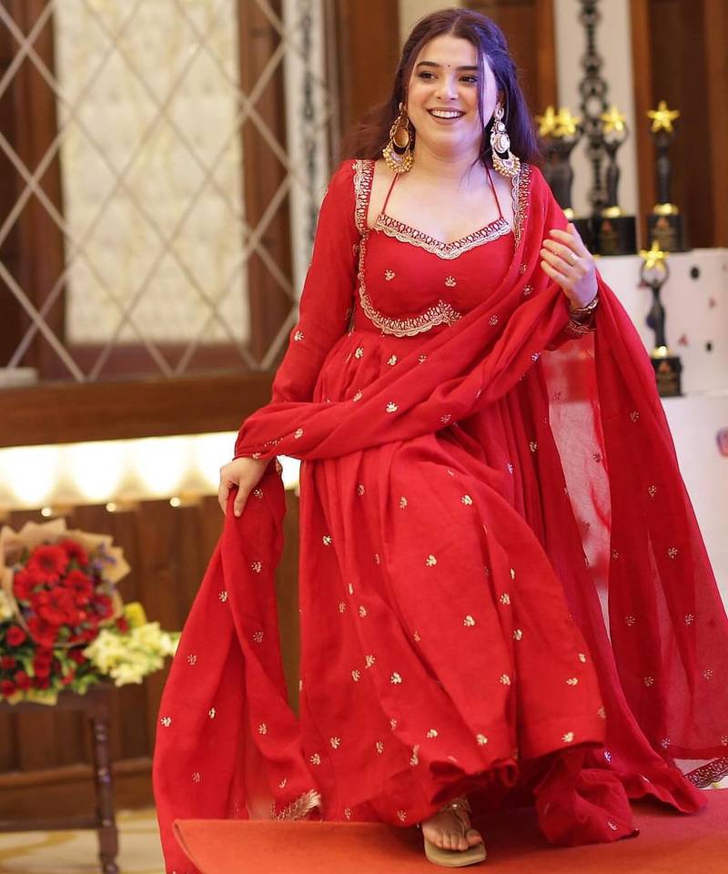 Red georgette sequin embroidery kurta pant set with embroidered georgette dupatta