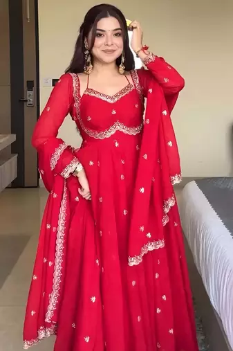 Red georgette sequin embroidery kurta pant set with embroidered georgette dupatta