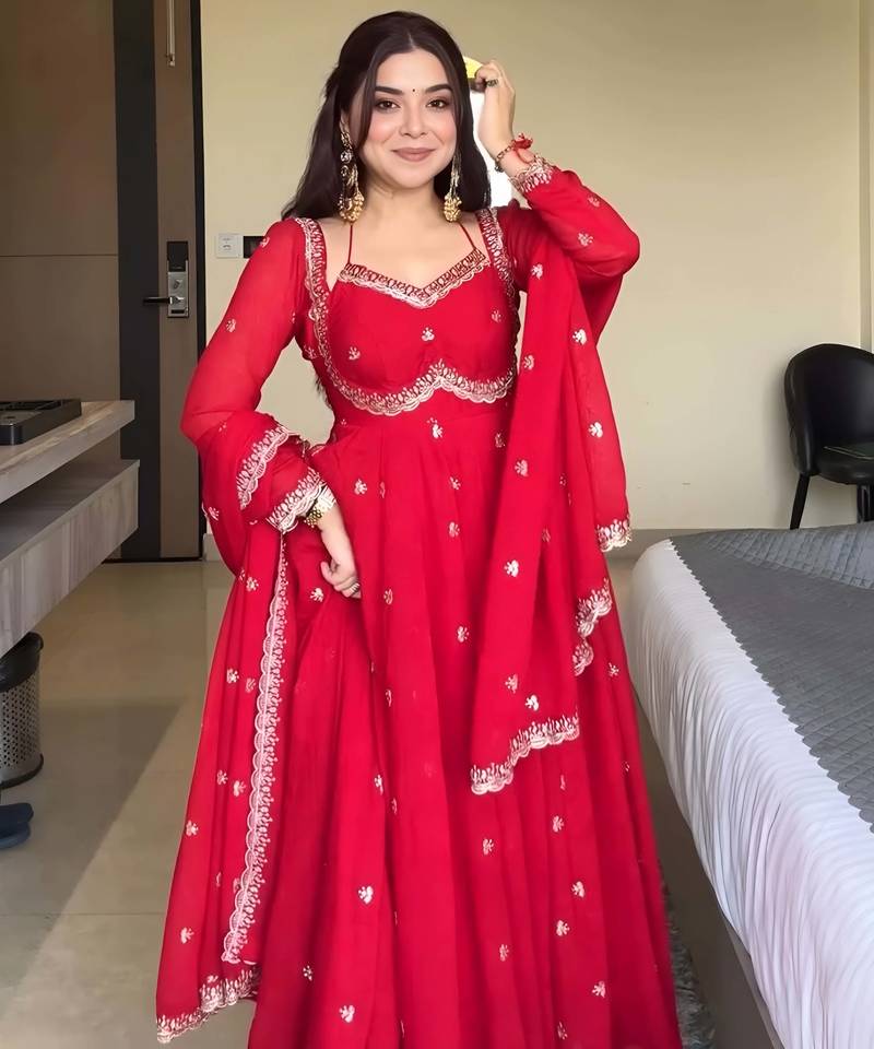 Red georgette sequin embroidery kurta pant set with embroidered georgette dupatta