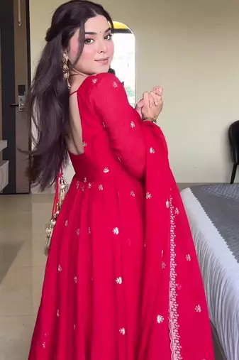 Red georgette sequin embroidery kurta pant set with embroidered georgette dupatta