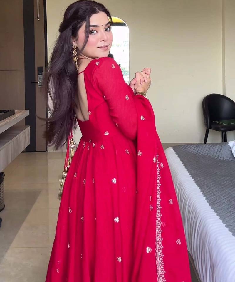 Red georgette sequin embroidery kurta pant set with embroidered georgette dupatta