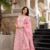 Pink chanderi silk floral printed v-neck kurta pant set with printed dupatta