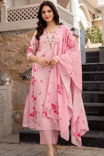 Pink chanderi silk floral printed v-neck kurta pant set with printed dupatta