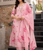 Pink chanderi silk floral printed v-neck kurta pant set with printed dupatta