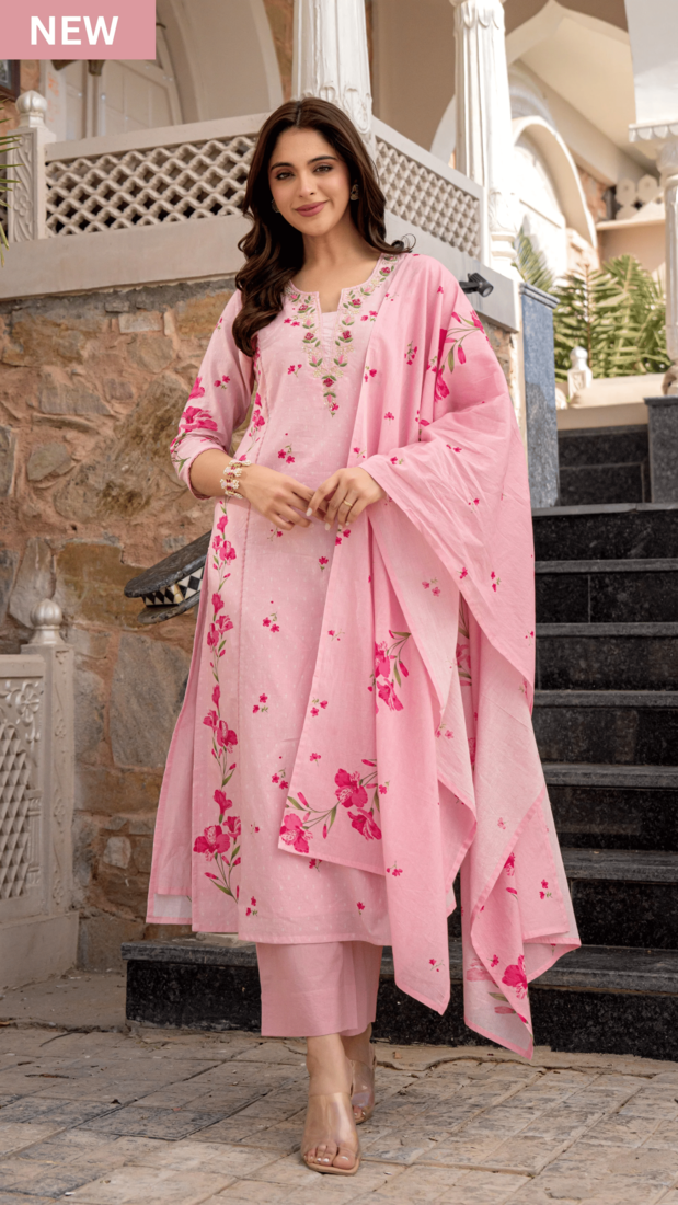 Pink chanderi silk floral printed v-neck kurta pant set with printed dupatta