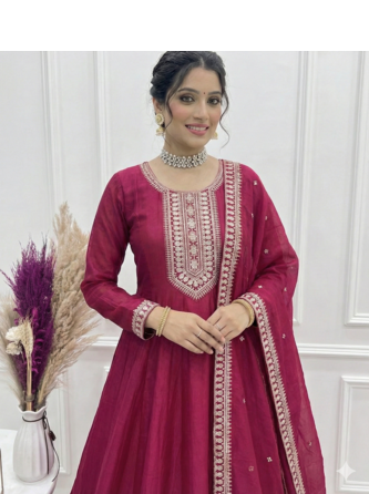 Dark rani color vichitra silk embroidery work party wear long gown 2