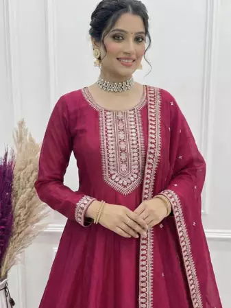 Dark rani color vichitra silk embroidery work party wear long gown