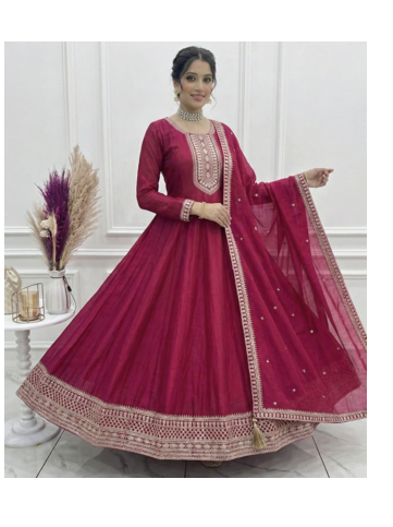 Dark rani color vichitra silk embroidery work party wear long gown 3