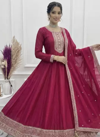 Dark rani color vichitra silk embroidery work party wear long gown