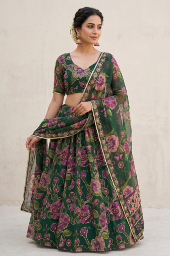 Green Taby Silk Printed With Beautiful Embroidery Sequins Work With Hand Real Mirror work Lehenga Set
