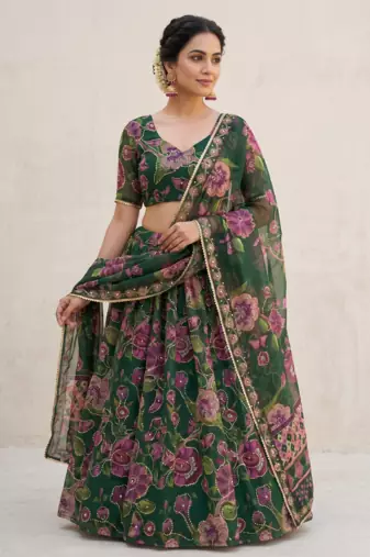 Green Taby Silk Printed With Beautiful Embroidery Sequins Work With Hand Real Mirror work Lehenga Set