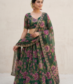 Green Taby Silk Printed With Beautiful Embroidery Sequins Work With Hand Real Mirror work Lehenga Set