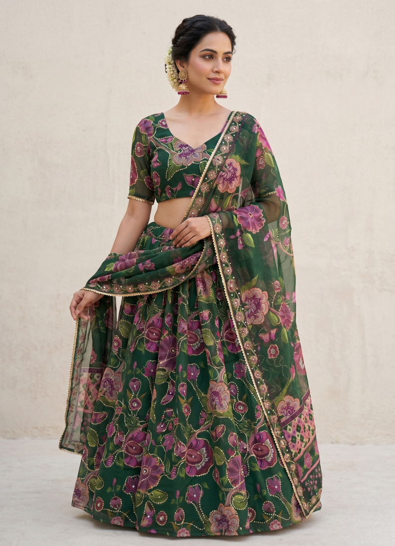 Green Taby Silk Printed With Beautiful Embroidery Sequins Work With Hand Real Mirror work Lehenga Set
