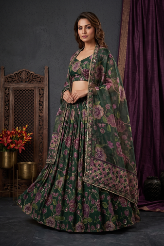 Green Taby Silk Printed With Beautiful Embroidery Sequins Work With Hand Real Mirror work Lehenga Set