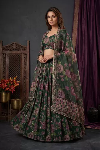 Green Taby Silk Printed With Beautiful Embroidery Sequins Work With Hand Real Mirror work Lehenga Set