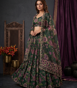 Green Taby Silk Printed With Beautiful Embroidery Sequins Work With Hand Real Mirror work Lehenga Set