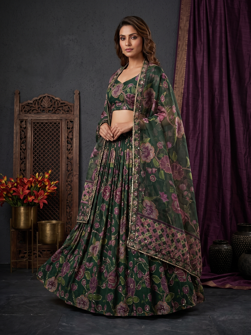 Green Taby Silk Printed With Beautiful Embroidery Sequins Work With Hand Real Mirror work Lehenga Set