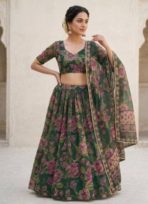 Green Taby Silk Printed With Beautiful Embroidery Sequins Work With Hand Real Mirror work Lehenga Set 2