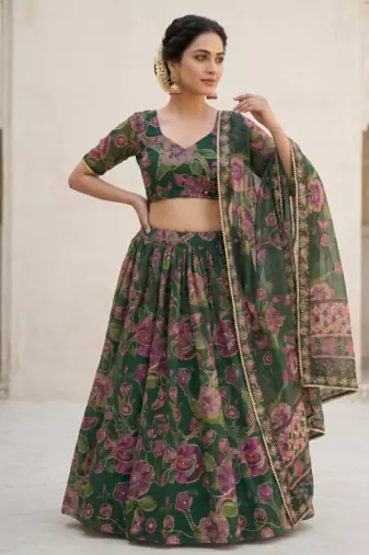 Green Taby Silk Printed With Beautiful Embroidery Sequins Work With Hand Real Mirror work Lehenga Set
