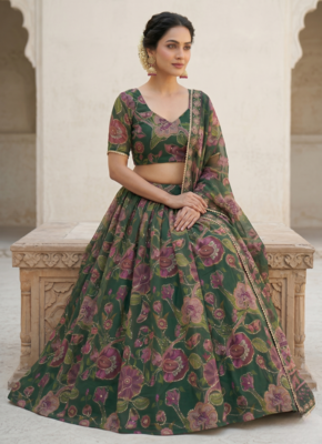 Green Taby Silk Printed With Beautiful Embroidery Sequins Work With Hand Real Mirror work Lehenga Set 3