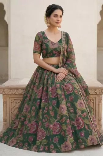Green Taby Silk Printed With Beautiful Embroidery Sequins Work With Hand Real Mirror work Lehenga Set