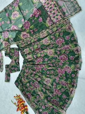 Green Taby Silk Printed With Beautiful Embroidery Sequins Work With Hand Real Mirror work Lehenga Set 4