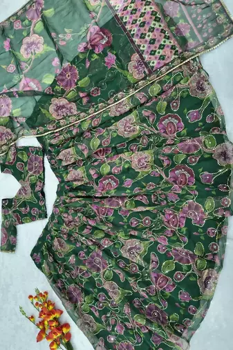 Green Taby Silk Printed With Beautiful Embroidery Sequins Work With Hand Real Mirror work Lehenga Set