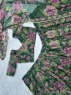Green Taby Silk Printed With Beautiful Embroidery Sequins Work With Hand Real Mirror work Lehenga Set 5