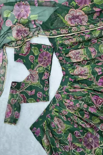 Green Taby Silk Printed With Beautiful Embroidery Sequins Work With Hand Real Mirror work Lehenga Set