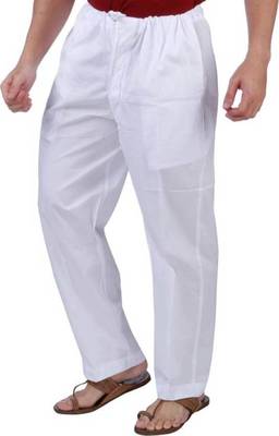White plain cotton regular fit drawstring pyjama for men 5