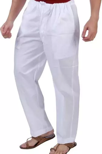 White plain cotton regular fit drawstring pyjama for men