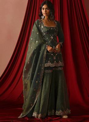 Olive green zari sequin embroidery work silk blend ready to wear sharara suit for women's 1