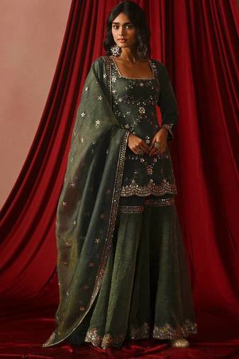 Olive green zari sequence embroidery work silk ready to wear sharara suit for women's