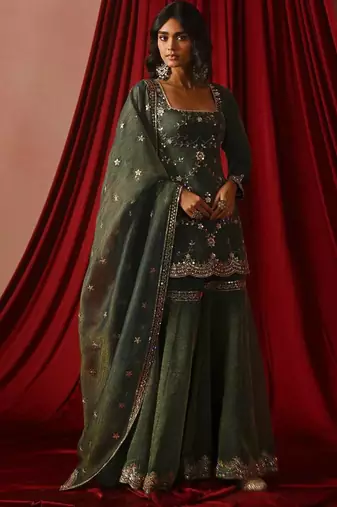 Olive green zari sequence embroidery work silk ready to wear sharara suit for women's