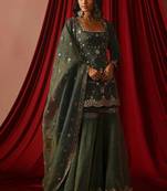 Olive green zari sequence embroidery work silk ready to wear sharara suit for women's