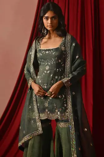 Olive green zari sequence embroidery work silk ready to wear sharara suit for women's