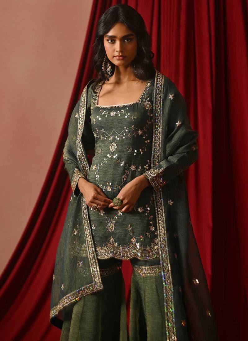Olive green zari sequence embroidery work silk ready to wear sharara suit for women's